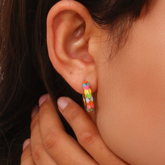 Multi Color Geometric Pattern Hoop Earrings 18K Gold Plated Stainless - Picture 3 of 7